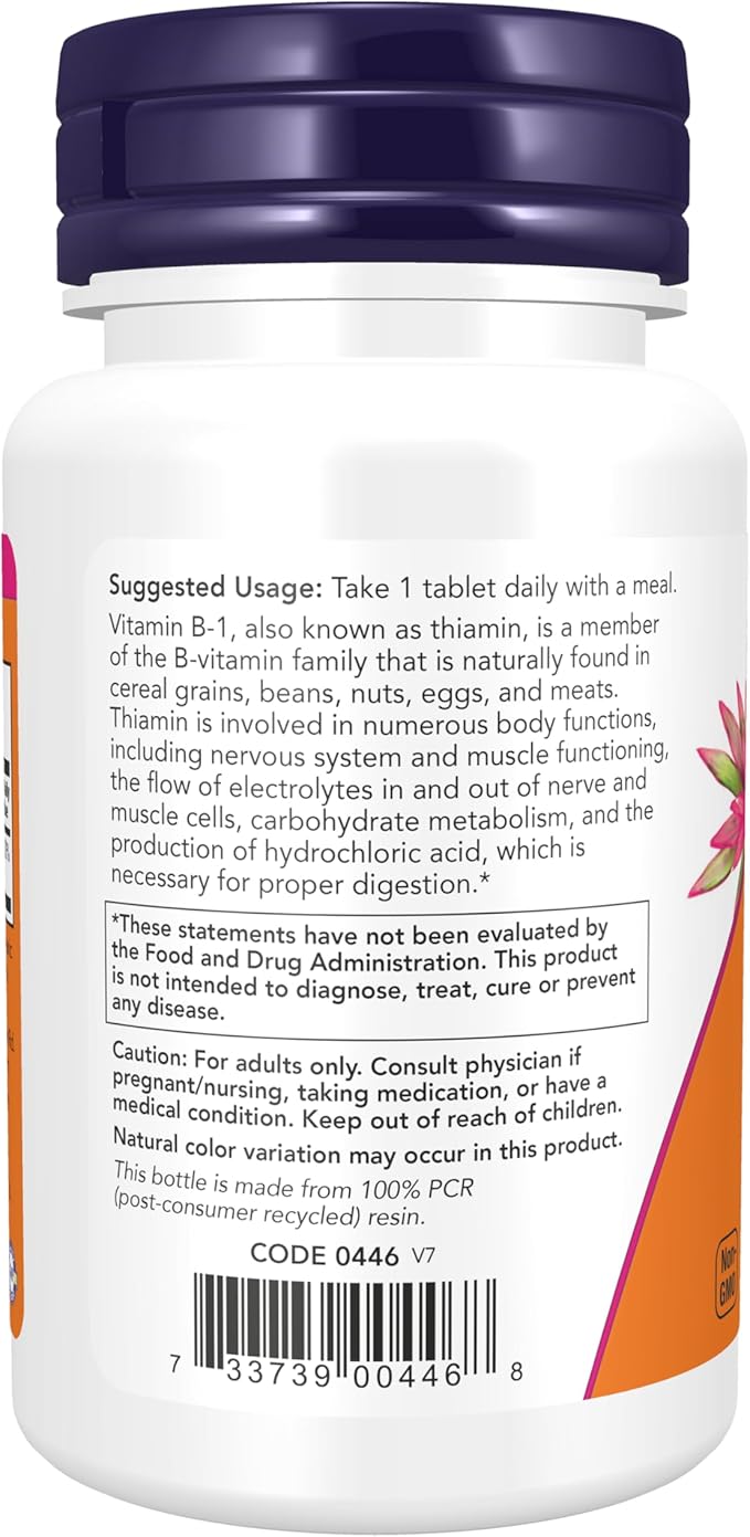 NOW Foods Supplements, Vitamin B-1 100 mg, Energy Production*, Nervous System Health*, 100 Tablets