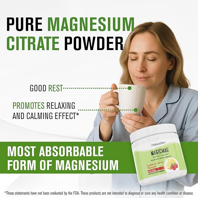 NaturalSlim MagicMag Magnesium Citrate Powder Drink for Relaxation, Stress, Constipation, Better Rest & Digestive Health, Magnesium Supplement for Women and Men, Raspberry Lemon 8oz