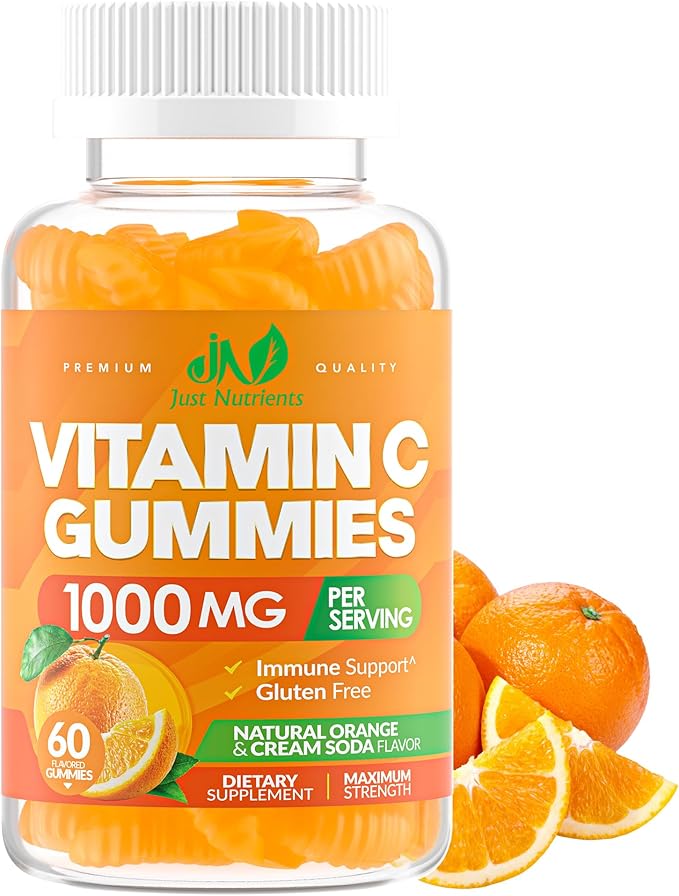 Vitamin C Gummies 1000mg – Chewable Multivitamin for Adults & Kids with Zinc for Immune & Collagen Support – Maximum Strength, Natural Orange Flavor – Gluten Free, Non-GMO, Vegetarian – 60 Gummies