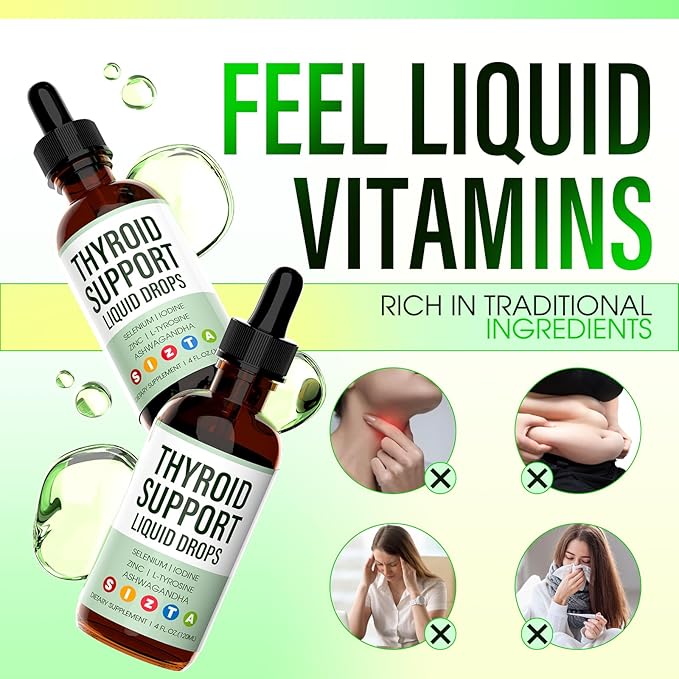 Thyroid Support Liquid Drops – Iodine Drops with Selenium, Zinc, L-Tyrosine & Ashwagandha – Supports Metabolism, Energy & Hormonal Balance for Women & Men