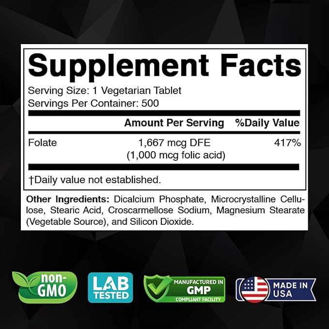 Folic Acid 1 mg (1000 mcg) (Vitamin B9) - 500 Vegetarian Tablets - an Essential Prenatal and Postnatal Vitamin