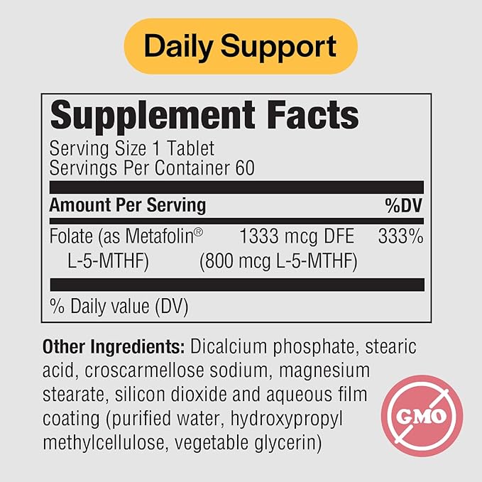 PureFormulas Methylfolate 800 mcg – Active B9 (5-MTHF) for Cardiovascular, Nerve & Mood Health, Non-GMO Vegetarian Tablets, 60 Count