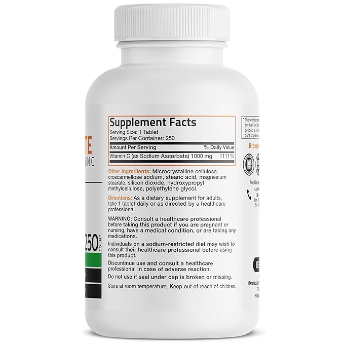 Bronson Sodium Ascorbate Non Acidic Vitamin C 1000 Mg Tablets - Gentle On The Stomach - Immune System Booster - Powerful Antioxidant - Non GMO Vitamin C Supplement, 250 Count