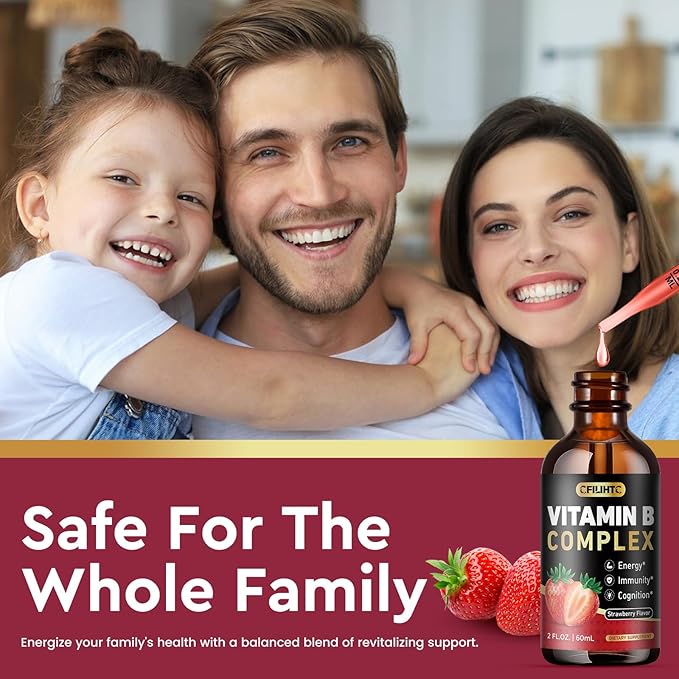 CFILIHTC Vitamin B Complex Liquid Drops, B Vitamins Complex Supplement with B1, B2, B3, B5 B6, B7, B9 & Methyl B12 Drops for Adults & Kids, Vegan, Strawberry Flavor