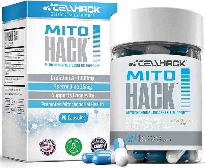 MITOHACK - 1000mg Urolithin A+ & 25mg Spermidine Supplements Designed with Advanced Mitochondrial Formula for Longevity & Anti-Aging, Promotes Cellular Health, Muscle Strength, Stamina - 90 Capsules