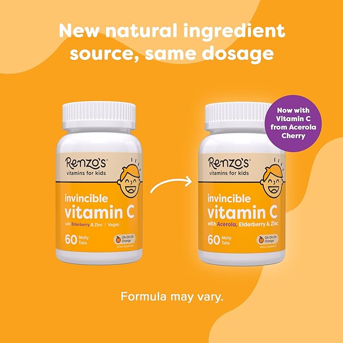 Renzo's Invincible Kids Vitamin C with Elderberry Vitamin C and Zinc, Dissolvable Kids Vitamins for Immune Support, Sugar-Free Melty Tabs, Orange Flavor, 60-Count (1-2 Month Supply)