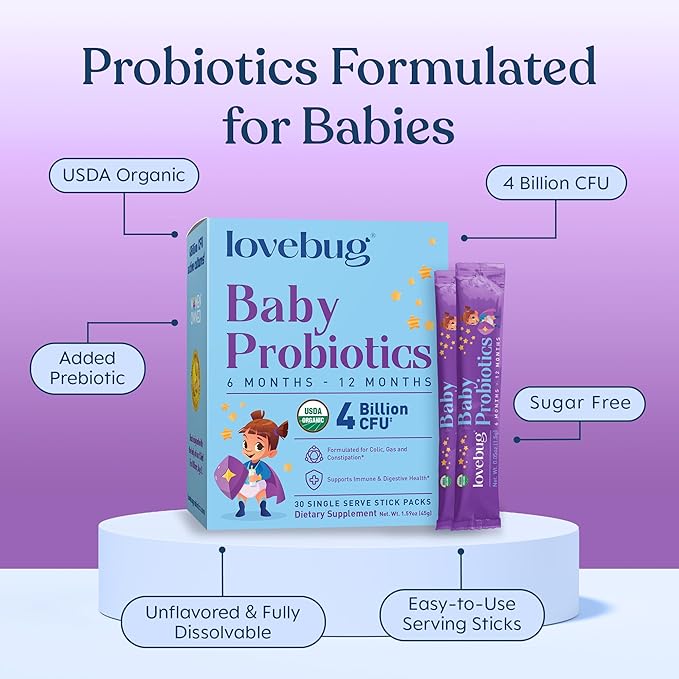 LOVEBUG Award Winning USDA Organic Probiotic for Babies | Multi-Strain 4 Billion CFU | Easy-to-Take Powder | Sugar Free | Ages 6-12 Months | 30 Packets