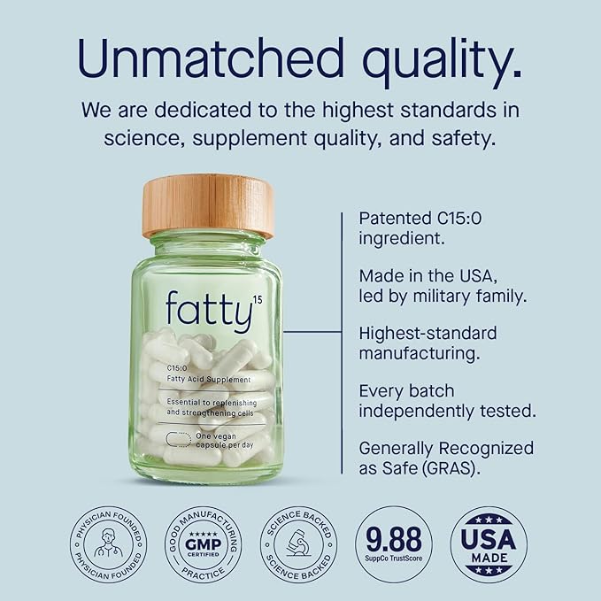 Fatty15 C15:0 Pentadecanoic Acid Supplement The Longevity Nutrient - 180 Vegan Capsules - 3X Cellular Benefits of Fish Oil EPA Omega 3 Supplements - Liver Support & Mitochondrial Health