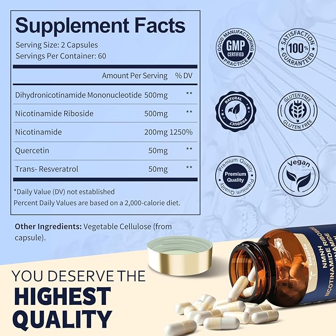 Totaria NMNH (Dihydronicotinamide Mononucleotide), NMNH Supplement w/Niacinamide (Vitamin B3), Quercetin, Trans-Resveratrol, Support NAD+, Anti-Aging, Skin Cell Health & Energy, 240 Count