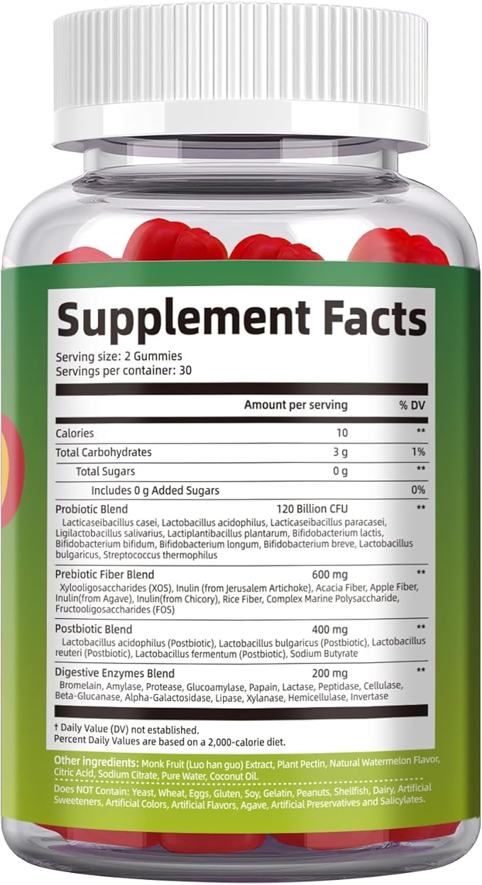 Migcopat Pre Post Probiotics Gummies, Probiotic Prebiotic Postbiotic Digestive Enzymes with Fiber, 120 Billion CFU Probiotics - Digestive Health, Sugar Free, Vegan, Watermelon, 60 Gummies
