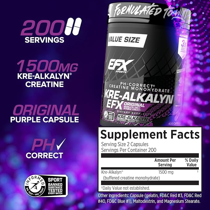 EFX Sports Kre-Alkalyn EFX | pH Correct Creatine Monohydrate Pill Supplement | Strength, Muscle Growth & Performance | 200 Servings, 400 Capsules