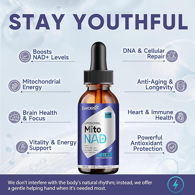 Liposomal NAD+ Liquid Drops, NAD+, NR & NMNH Supplement and Mitochondrial Health, 22-in-1 for Healthy Aging, Nerve & Energy Support, with Resveratrol, Quercetin, CoQ10 – for Women, 60ml