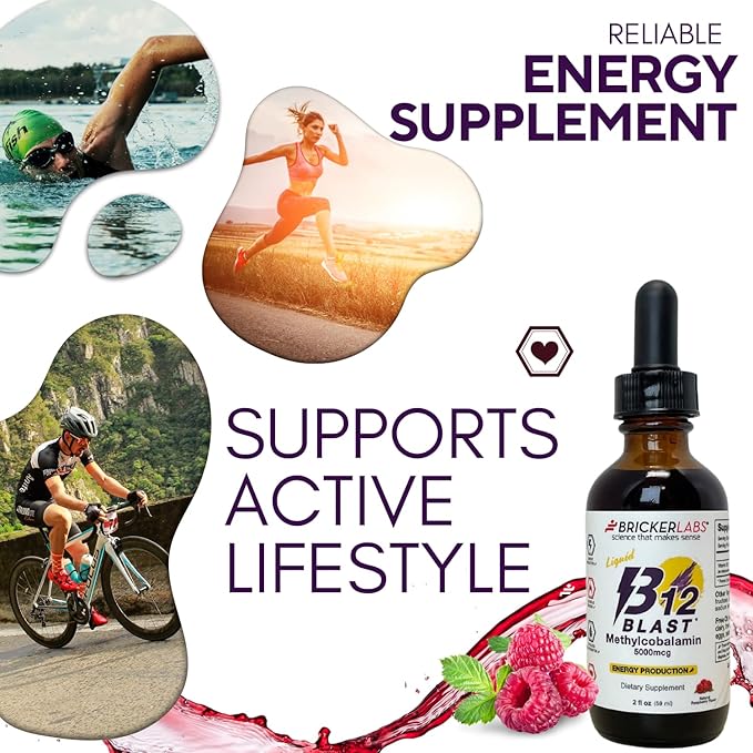 Bricker Labs B12 Blast Methylcobalamin 5000mcg, Great Tasting Sublingual Liquid Energy Vitamins -Vegan B12 Vitamins, Sustained Energy and Cellular Health Supplement - 59-Day Servings