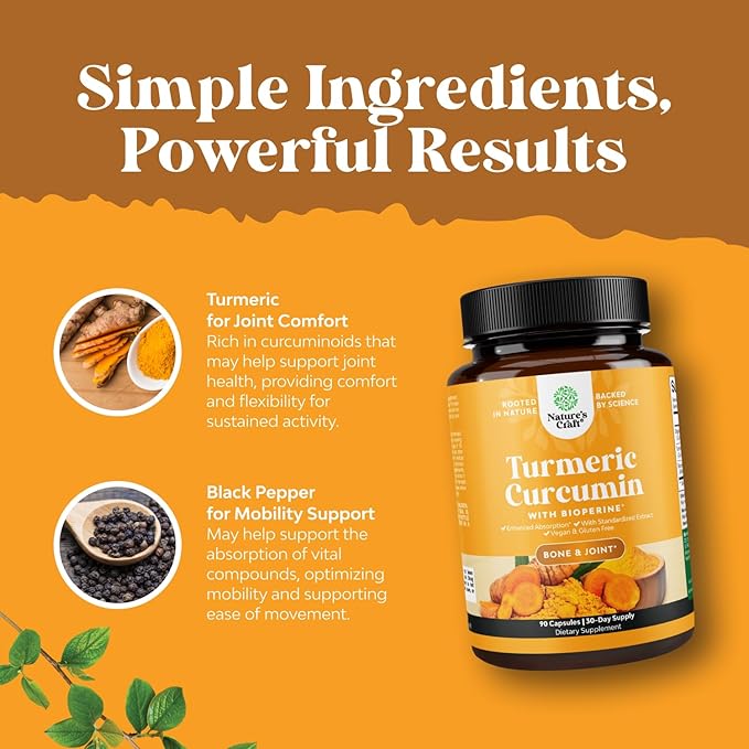 Turmeric Curcumin with Black Pepper Extract - Joint Health Turmeric Supplement with 95% Curcuminoids - Daily Joint Support Supplement with Turmeric and Bioperine for Enhanced Absorption - 90 Count