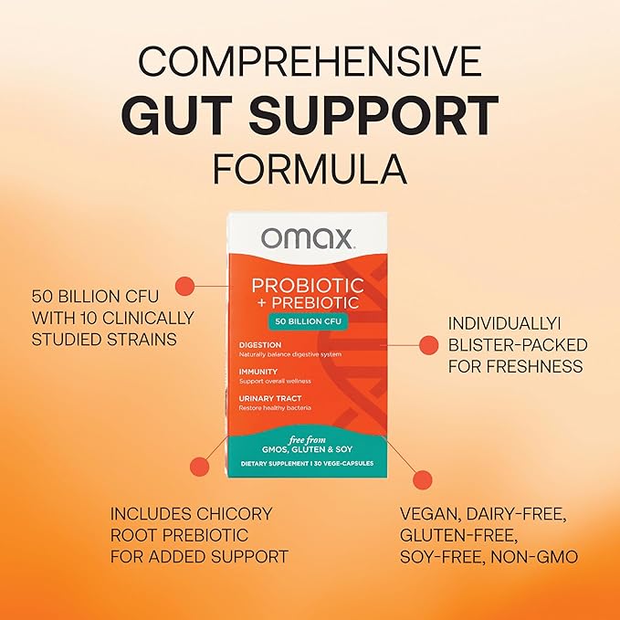 Omax Probiotic & Prebiotic 50 Billion CFU – 10 Strains with Chicory Inulin – Digestive & Gut Health Support, Bloating Relief – Vegan, Non-GMO, Dairy & Gluten-Free – 3 Pack (90 Day Supply)