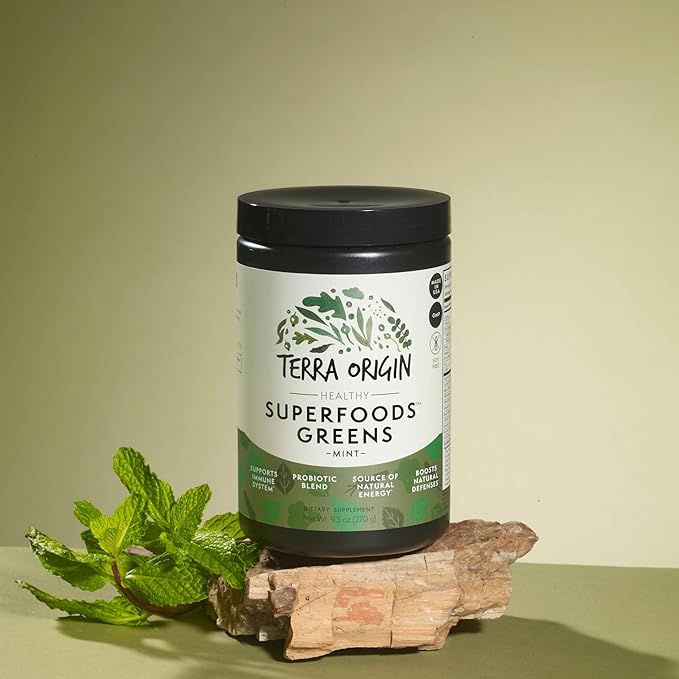 TERRA ORIGIN Healthy Superfood Greens Powder Drink with Probiotics & Ashwagandha | Adaptogen & Digestive Enzyme Fruit and Veggie Blend | for Gut Health, Energy, Immune Support* | 30 Servings | Mint