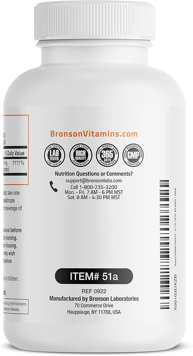 Bronson Buffered Vitamin C Powder Ascorbic Acid Buffered with Sodium Ascorbate Soluble Fine Crystals – Promotes Healthy Immune System and Cell Protection – Powerful Antioxidant - 1 Pound (16 Ounces)