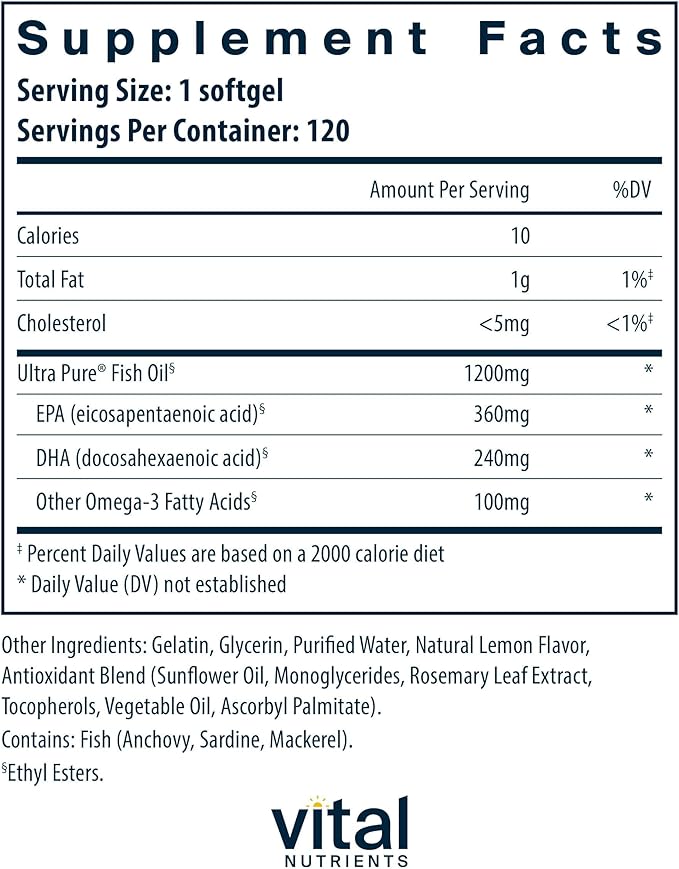 Vital Nutrients Ultra Pure Fish Oil 700 - Supports Heart, Brain, and Joint Health* - Sustainably Sourced High EPA & DHA Omega-3 Fatty Acid - Lemon Flavor - Gluten, Dairy & Soy Free - 120 Softgels