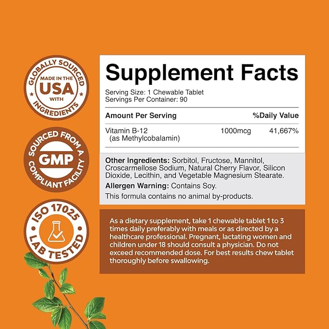 Chewable B12 Vitamin 1000mcg - Vitamin B12 for Brain Function & Energy - Uplift Mood with Methylcobalamin - Bone & Eye Health - Supports Mental Clarity & Skin Care - Cherry Flavor - 60 Count