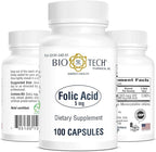 Bio-Tech Pharmacal Folic Acid (5 mg), 100 Capsules – All-Natural Supplement – Supports Cardiovascular, Nervous System, & Prenatal Health – No Dairy, Fish, Gluten, Peanut, Shellfish, GMOs, Halal, & Soy