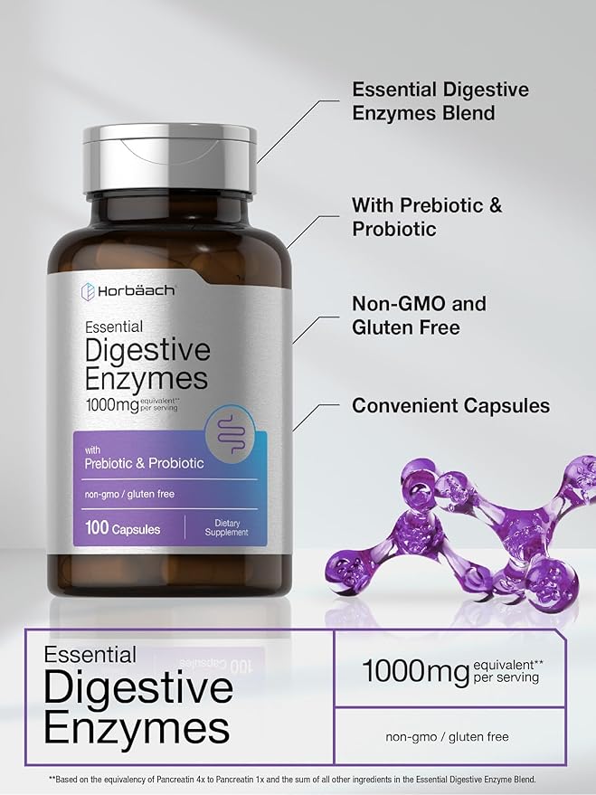 Horbäach Essential Digestive Enzymes | 100 Capsules | Enzyme Blend for Men & Women | Non-GMO & Gluten Free Supplement