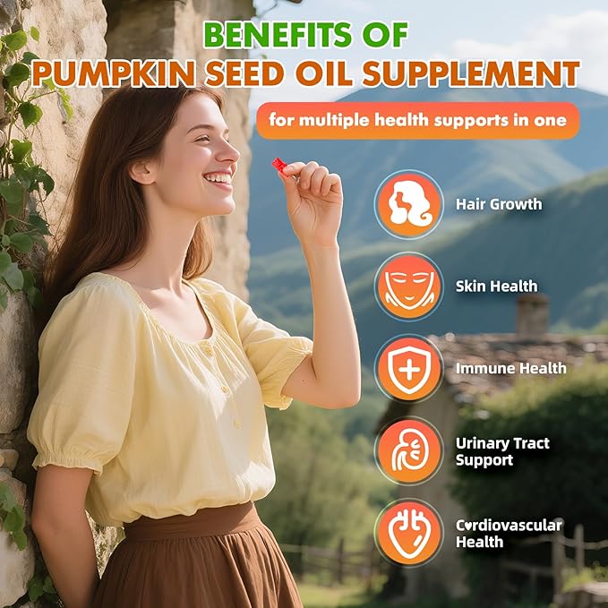 Pumpkin Seed Oil Gummies with Saw Palmetto, Organic Pumpkin Seed Oil Supplement for Hair Growth & Skin Health, High Pure Extract for Women Men, Raspberry Flavor, 60 Count