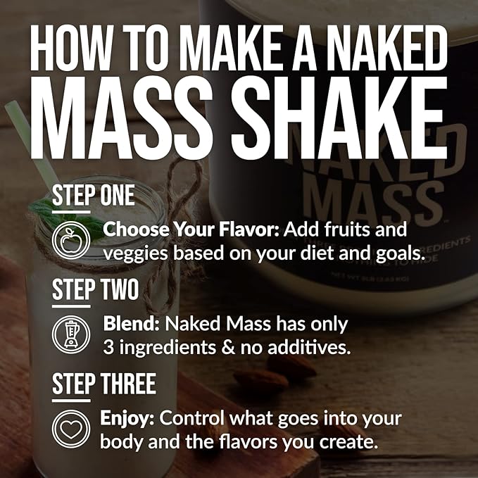 NAKED Mass - Natural Weight Gainer Protein Powder - 8 LB Bulk, NSF Certified, GMO Free, Gluten Free & Soy Free. No Artificial Ingredients - 1,250 Calories per Serving
