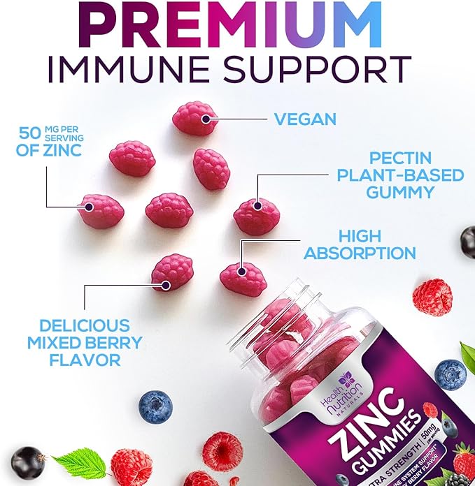Zinc Gummies 50mg per Serving - Extra Strength Immune Support Antioxidant Gummy, Non-GMO & Gluten Free - Best Zinc Supplement for Skin Bone & Heart Health - Chewable Tasty Berry Flavor - 120 Gummies