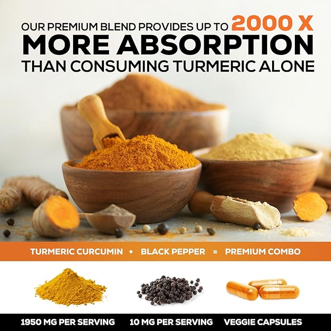 Turmeric Curcumin Supplement - 95% Curcuminoids with Organic Turmeric & BioPerine Black Pepper for Best Absorption - Daily Joint & Immune Health Support, Vegan, Non-GMO, Bottled in USA - 180 Capsules