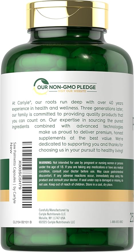 Carlyle Saw Palmetto for Men and Women | 250 Capsules | Herb Extract Supplement | Serenoa Repens | Non-GMO and Gluten Free