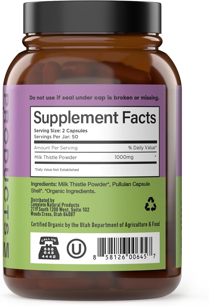 Complete Natural Products Pure Organic Milk Thistle Capsules - 500 mg Silymarin Powder 100 Pills