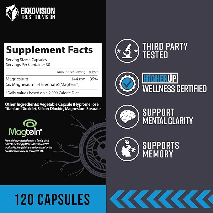 Ekkovision Magtein Magnesium L-Threonate, Memory & Cognitive Function Support, Magnesium Supplement with Essential Minerals for Men & Women, 2000 MG Per Serving, 120 Easy-to-Swallow Capsules