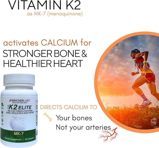 Bricker Labs K2 Elite Vitamin K2 MK-7 Supplement 160mcg, Supports Bone & Heart Health, Calcium Absorption & Circulation – Non-GMO – 60 Capsules