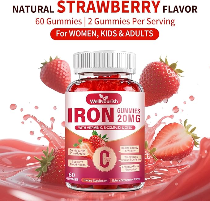 2 Pack Iron Gummies for Women & Kids, Sugar Free with Vitamin C, 20mg Gentle Iron for Whole Family, Non-Constipating, Blood Builder B12 & Folate, Energy Support, Strawberry 120 Count