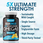 5X Ultimate Strength Omega 3 Fish Oil Supplements with High EPA and DHA Omega 3 Fatty Acids, Fish Oil Supplement with Vitamin D and No Fishy Aftertaste, 120 Softgels