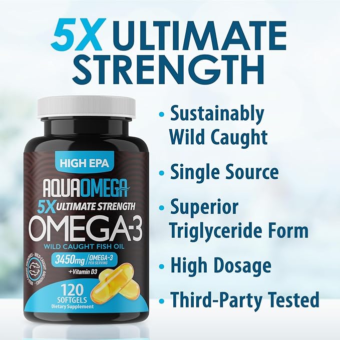 5X Ultimate Strength Omega 3 Fish Oil Supplements with High EPA and DHA Omega 3 Fatty Acids, Fish Oil Supplement with Vitamin D and No Fishy Aftertaste, 120 Softgels