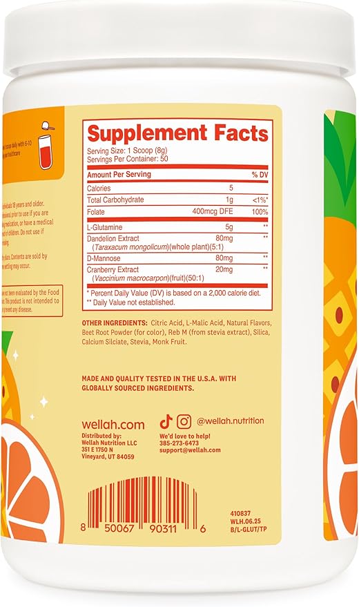 Wellah L-Glutamine Powder Tropical Punch (50 Servings) - 5g L-Glutamine Per Serving, Sweetened with Stevia