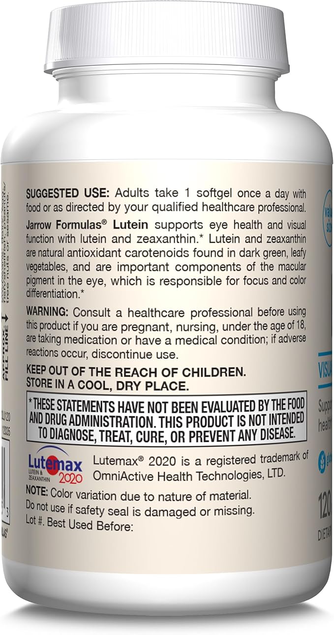 Jarrow Formulas Lutein 20 mg - 120 Softgels - Clinically Documented Eye Health & Support - With Zeaxanthin - 120 Servings