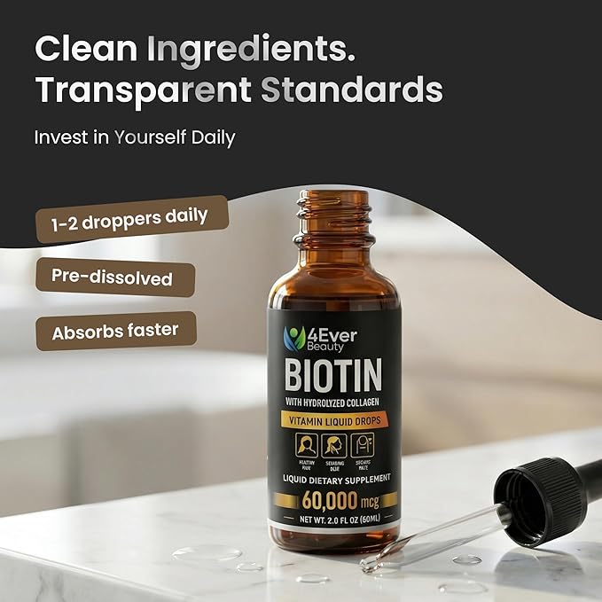 Liquid Biotin & Collagen Drops with Aloe Vera – Unique Formula 60,000 mcg - Vitamins for Hair Growth support, Strong Nails & Radiant Skin – Liquid Collagen Supplement for Women & Men – 2 fl oz