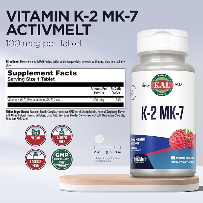 KAL Vitamin K2 MK7 ActivMelt 100 mcg Tablets - Vitamin K Supplement for Nutritional Support for Women & Men, Non-GMO, Vegan, Gluten Free - Natural Raspberry Flavor, 60 Micro Tablets