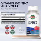 KAL Vitamin K2 MK7 ActivMelt 100 mcg Tablets - Vitamin K Supplement for Nutritional Support for Women & Men, Non-GMO, Vegan, Gluten Free - Natural Raspberry Flavor, 60 Micro Tablets