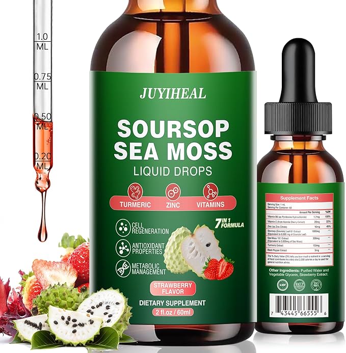 7-in-1 Soursop Bitters Liquid, Soursop Oil with Sea Moss & Turmeric & Vitamin for Immune & Digestive & Cell Support, Sugar-Free | Non-GMO | Vegan (2 Fl oz) Strawberry