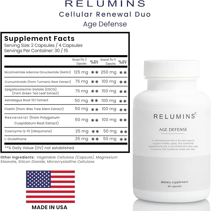 Relumins Cellular Renewal Duo – Advanced Cell Regenerator + Age Defense Complex – NAD+ & Energy Support with Resveratrol, CoQ10 & Glutathione – Two-Step Daily Wellness System