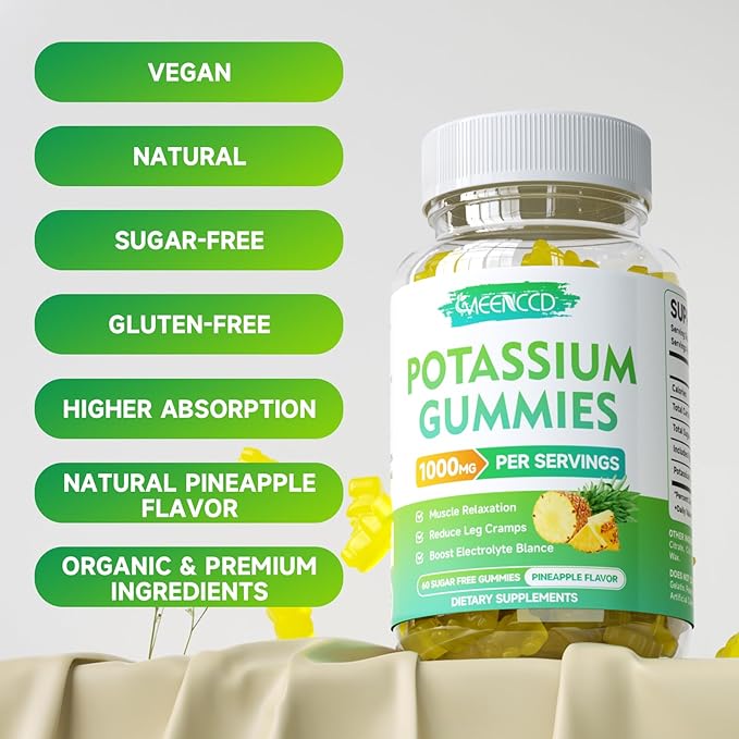 Potassium Citrate Gummies 1000mg, High Potency Potassium Supplement Gummies for Adults Women & Men, Support Muscle Health, Sugar-Free, Pineapple Flavor, 120 Count