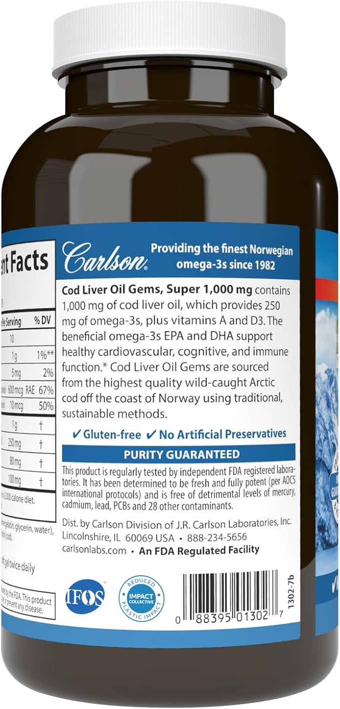 Carlson - Cod Liver Oil Gems, Super 1000 mg, 250 mg Omega-3s, 400 IU (10 mcg) Vitamin D3, Wild Caught Norwegian Arctic Cod Liver Oil, Capsules, 250 Softgels