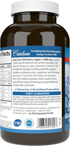 Carlson - Cod Liver Oil Gems, Super 1000 mg, 250 mg Omega-3s, 400 IU (10 mcg) Vitamin D3, Wild Caught Norwegian Arctic Cod Liver Oil, Capsules, 250 Softgels