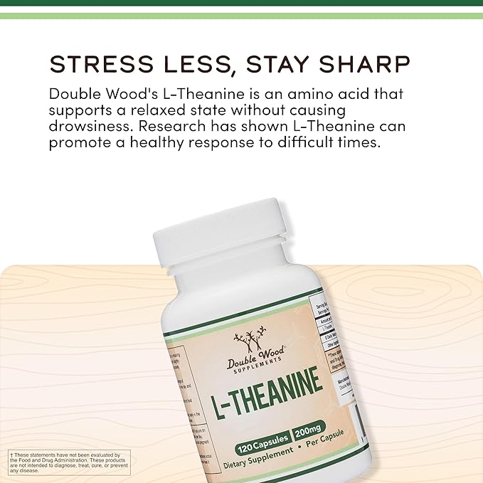 L-Theanine 200mg Double Strength - Supports Health Sleep Response and Relaxation - 120 Capsules (Third Party Tested, Gluten Free, Vegan) by Double Wood (Pack of 2)