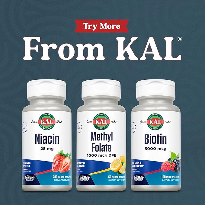 KAL Methyl Folate 1000 mcg - 5-MTHF Active Form, Folic Acid Supplement for Women and Men, Heart Health, Prenatal, Brain Support for Adults, Vegetarian, Natural Lemon ActivMelt - 60 Micro Tablets
