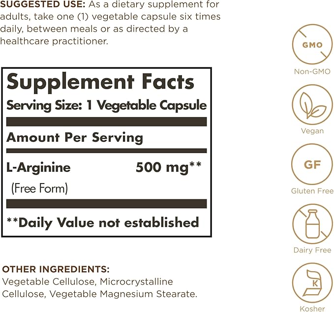 Solgar L-Arginine 500 mg - 100 Vegetable Capsules - Nitric Oxide Stimulator - Non-GMO, Vegan, Gluten Free, Dairy Free, Kosher - 100 Servings