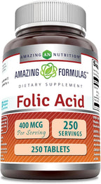 Amazing Formulas Folic Acid (Vitamin B9) 400 mcg | Tablets Supplement | Non-GMO | Gluten Free | Made in USA (1 Pack, 250 Count)
